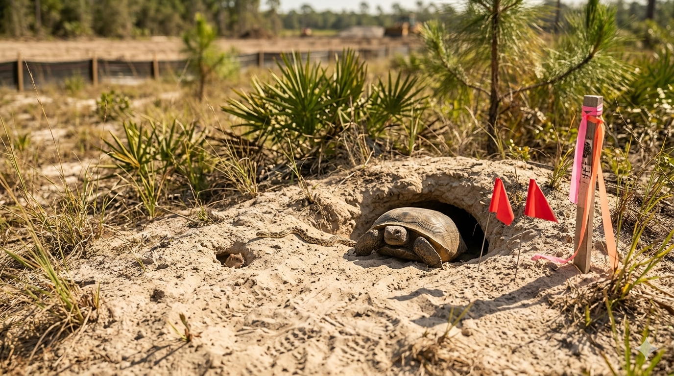 Gopher tortoise at burrow entrance marked with survey flags.
