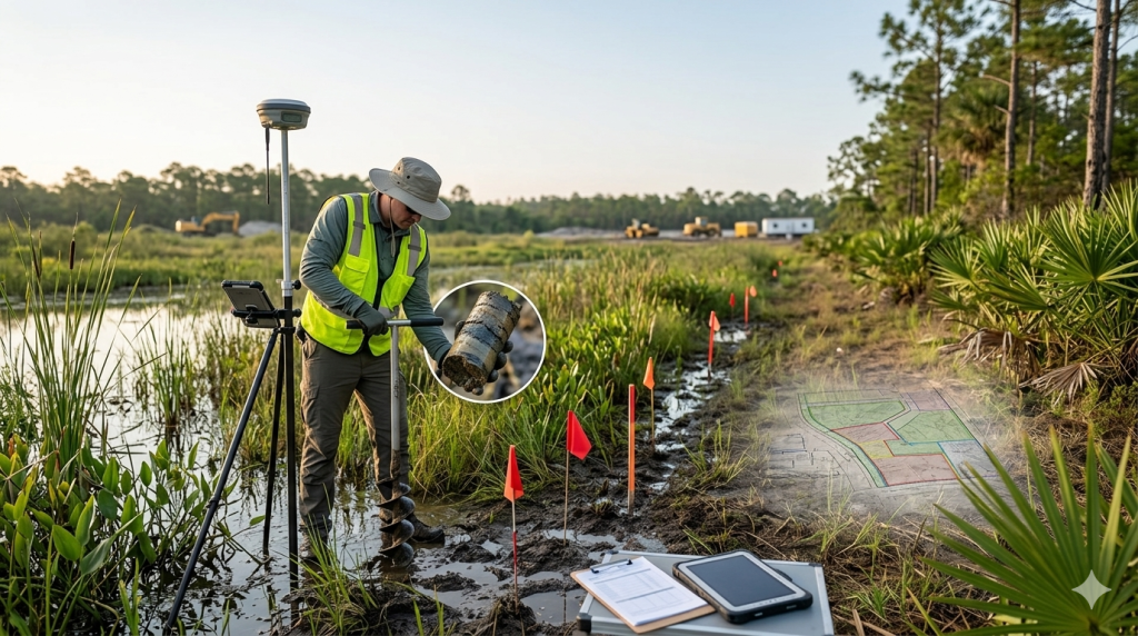 Wetlands delineation surveyor collecting soil sample at flagged site.