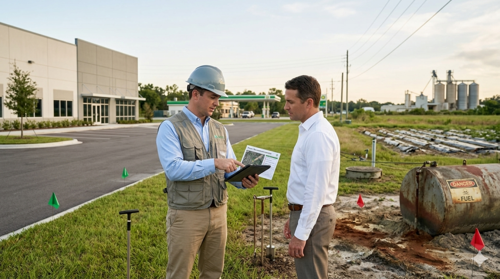 Environmental consultant reviewing site assessment near underground fuel tank.