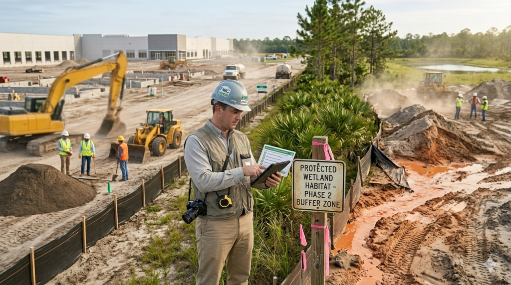 Environmental inspector documenting protected wetland buffer zone at construction site.