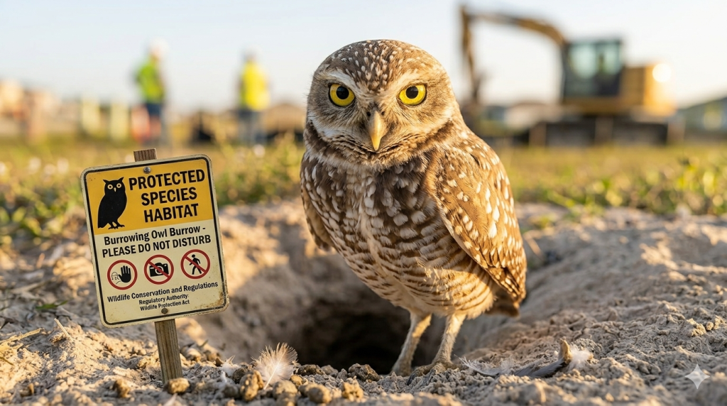 Burrowing owl at nest beside protected habitat sign.