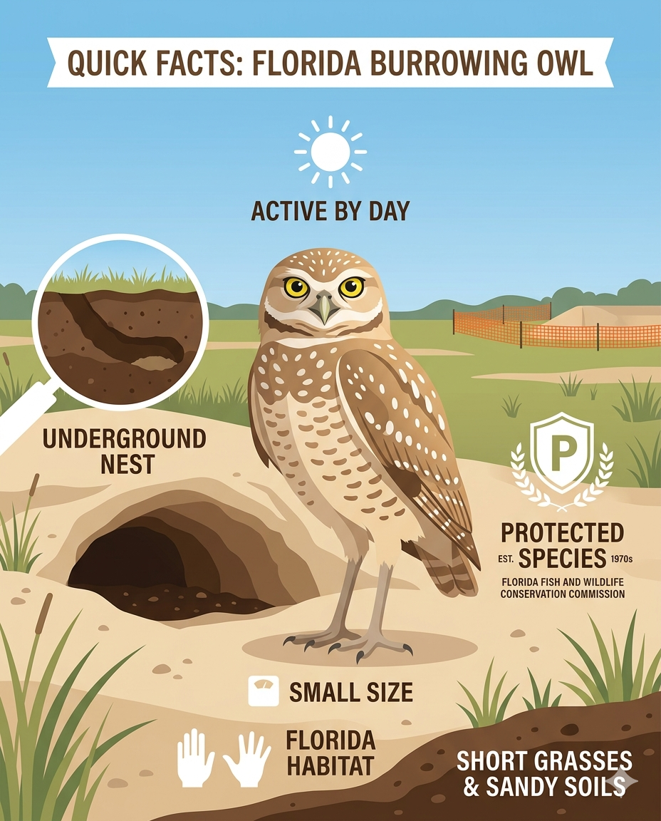 Burrowing owl infographic showing underground nest and habitat details.